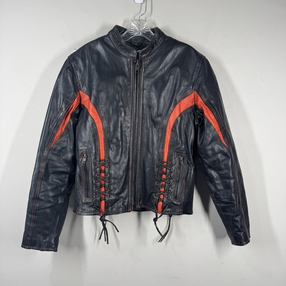 Unik Womens Black Red Orange Leather Full Zip Motorcycle Eyelet Lace Jacket Sz M